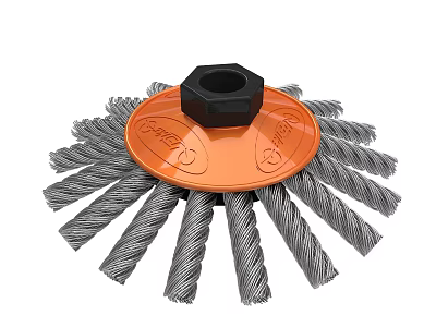 Industrial Steel Wire Brush Wheel With Orange Base And Black Hexagonal Nut 3d model