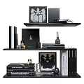 Modern Decorative Ornaments Combination On Black Shelf With Books Perfume And Artwork