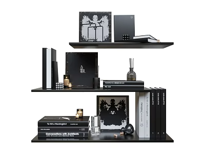 Modern Decorative Ornaments Combination On Black Shelf With Books Perfume And Artwork 3d model