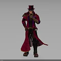 Steampunk Gentleman in Red Coat With Mechanical Raven and Cane Standing Confidently