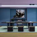 Elegant Modern Interior With Decorative Cabinet Blue Walls Artwork Long Table And Stools 3d model