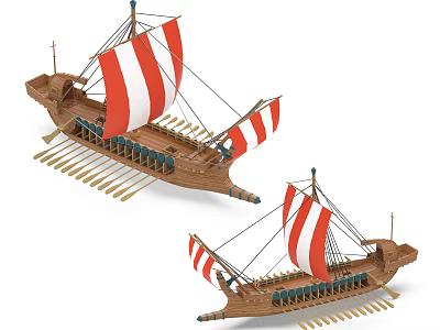 Two Ancient Wooden Sailing Ships With Red And White Sails And Oars 3d model