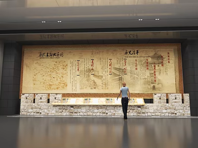 Historical Cultural Display Wall With Ancient Texts Patterns And Stone Base In Exhibition Hall 3d model