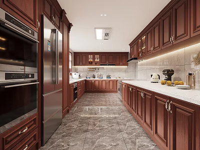 Classic Dark Wooden Kitchen Interior With Stainless Steel Appliances And Marble Countertops 3d model