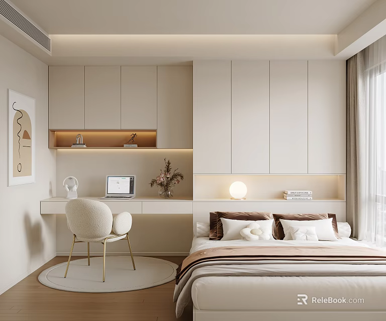 Modern Tatami Bedroom Interior Design With Desk Chair And Storage Cabinets 3d model 