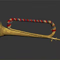 Shiny Golden Trumpet Musical Instrument With Painted Red Blue Striped Decorations And Reflection
