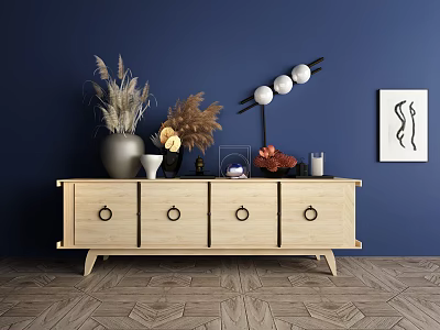 Entryway Cabinet Sideboard Natural Wood Four Drawers Round Handles Vases Dried Flowers Lamp Blue Wall 3d model