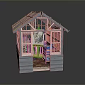 Small Garden Greenhouse Interior With Wooden Frame Glass Roof Open Door And Furniture