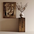 Minimalist Decorative Ornament Combination With Abstract Painting Ceramic Vase Dried Twigs And Wooden Stand
