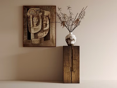 Minimalist Decorative Ornament Combination With Abstract Painting Ceramic Vase Dried Twigs And Wooden Stand 3d model
