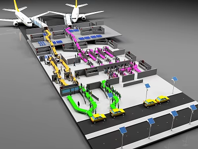 Aerial Planning of Airport Terminal with Airplanes Passengers Baggage Handling and Vehicle Lanes 3d model