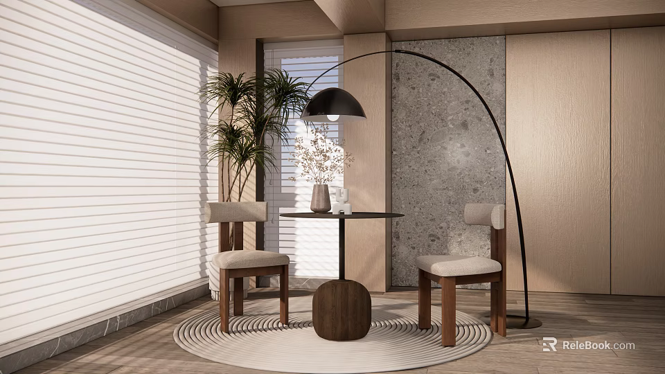 Stylish Dining Table Set With Round Wooden Table Chairs Arched Floor Lamp And Potted Plant 3d model 
