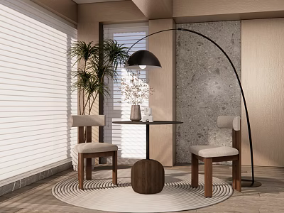 Stylish Dining Table Set With Round Wooden Table Chairs Arched Floor Lamp And Potted Plant 3d model