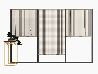Sliding Panel Blinds with Light Color Slats and Gold Side Table with Plant in Interior 3d model