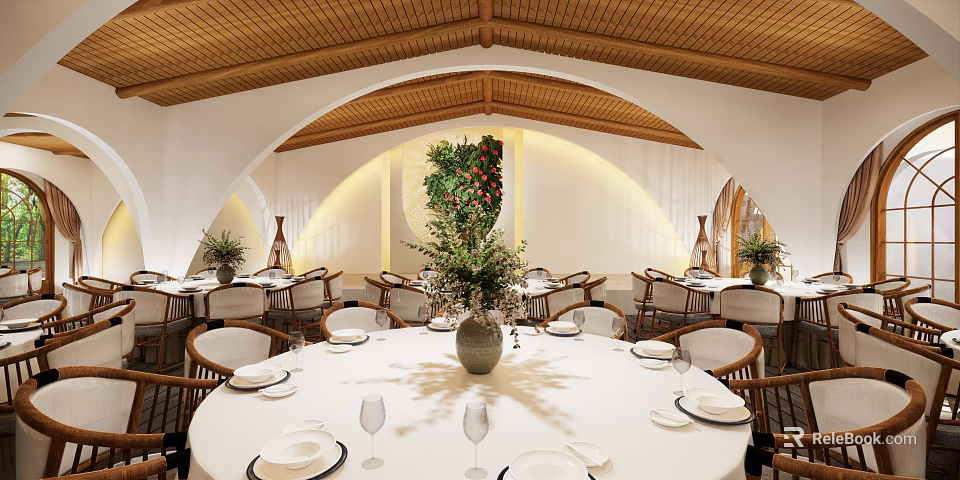 Elegant Banquet Hall Interior With Arched Walls Wooden Ceiling Round Tables And Green Plants 3d model 