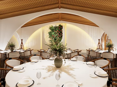 Elegant Banquet Hall Interior With Arched Walls Wooden Ceiling Round Tables And Green Plants 3d model