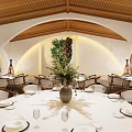 Elegant Banquet Hall Interior With Arched Walls Wooden Ceiling Round Tables And Green Plants