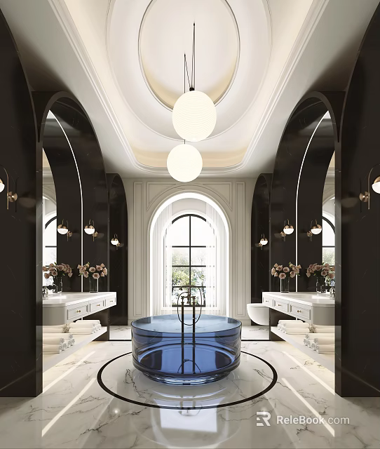Luxury Modern Bathroom Interior Design With Freestanding Bathtub Double Vanities Arch Mirrors And Pendant Lights 3d model 