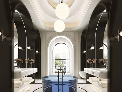 Luxury Modern Bathroom Interior Design With Freestanding Bathtub Double Vanities Arch Mirrors And Pendant Lights 3d model