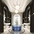 Luxury Modern Bathroom Interior Design With Freestanding Bathtub Double Vanities Arch Mirrors And Pendant Lights