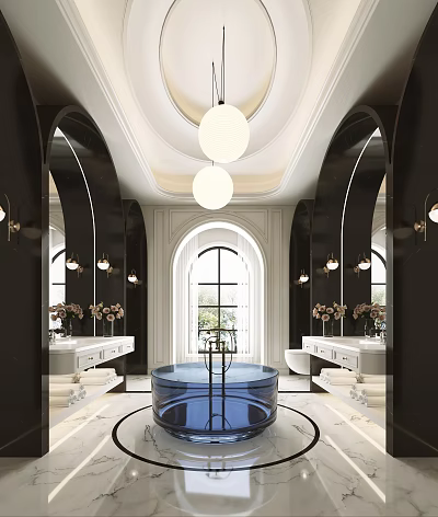 Luxury Modern Bathroom Interior Design With Freestanding Bathtub Double Vanities Arch Mirrors And Pendant Lights 3d model