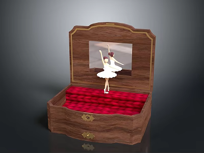 Open Wooden Jewelry Box With Red Velvet Lining And Ballerina Figurine 3d model