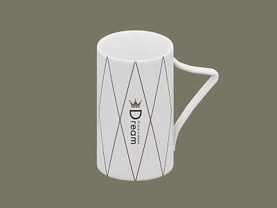 White Ceramic Mug With Geometric Diamond Lines Dream Text And Crown Logo Design 3d model