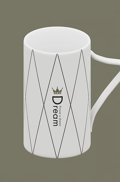 White Ceramic Mug With Geometric Diamond Lines Dream Text And Crown Logo Design 3d model