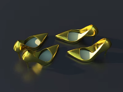 Shiny Golden High Heels With Pointed Toe And Stiletto Heel Design 3d model