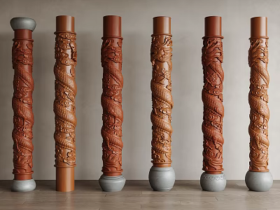 Intricately Carved Wooden Columns With Detailed Dragon Patterns And Sturdy Gray Bases 3d model