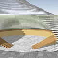 Modern Spiral White Architectural Structure With Circular Gray Tile Platform And Green Grass