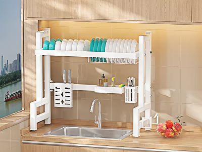 White Kitchen Dish Rack Organizer With Plates Bowls And Kitchen Supplies Above Sink 3d model