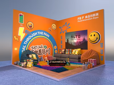 Vibrant Food Innovation Award Exhibition Booth With Snacks Drinks Cozy Sofa And Colorful Carpet 3d model