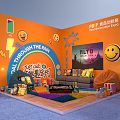 Vibrant Food Innovation Award Exhibition Booth With Snacks Drinks Cozy Sofa And Colorful Carpet