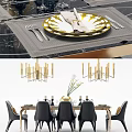 Modern Dining Table Set With Gray Chairs Golden Details And Tableware Decorations 3d model
