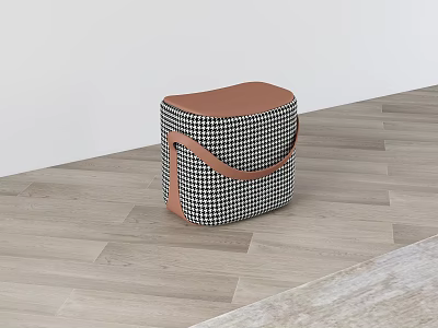 Black and White Houndstooth Stool With Brown Leather Top On Wooden Floor 3d model