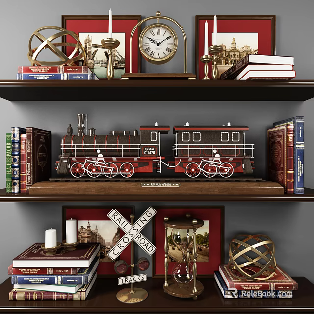 Decorative Ornament Combination with Vintage Train Model Globe Clock and Books on Wooden Shelves 3d model 