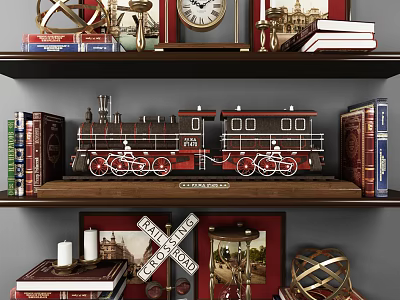 Decorative Ornament Combination with Vintage Train Model Globe Clock and Books on Wooden Shelves 3d model