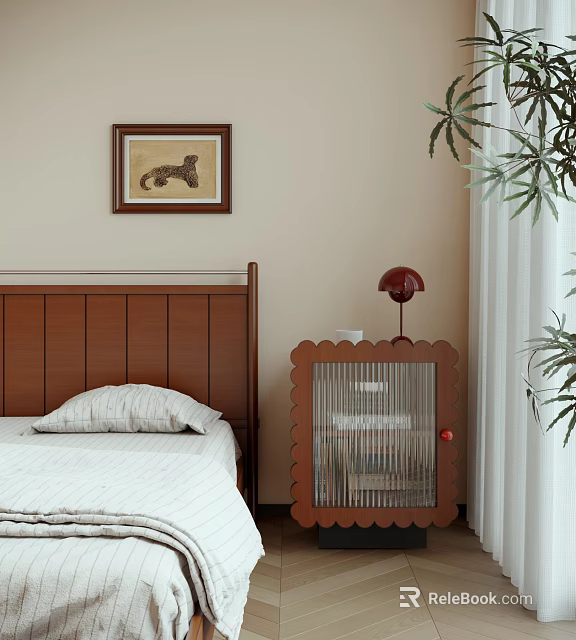 Scalloped Wooden Bedside Table With Red Lamp Framed Artwork And Potted Plant 3d model 