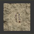 Miniature Terrain Model with Small Wooden Buildings and Textured Surface Layout Design