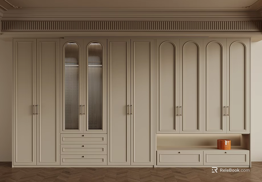 Light Beige Wardrobe Cabinet Design With Glass Doors Drawers And Orange Container 3d model 