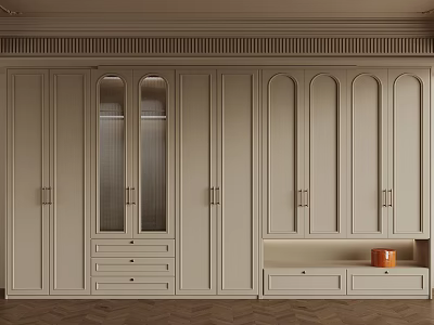 Light Beige Wardrobe Cabinet Design With Glass Doors Drawers And Orange Container 3d model
