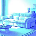 Beige Striped Two Seater Sofa With Cushions And Wooden Coffee Table In Living Room