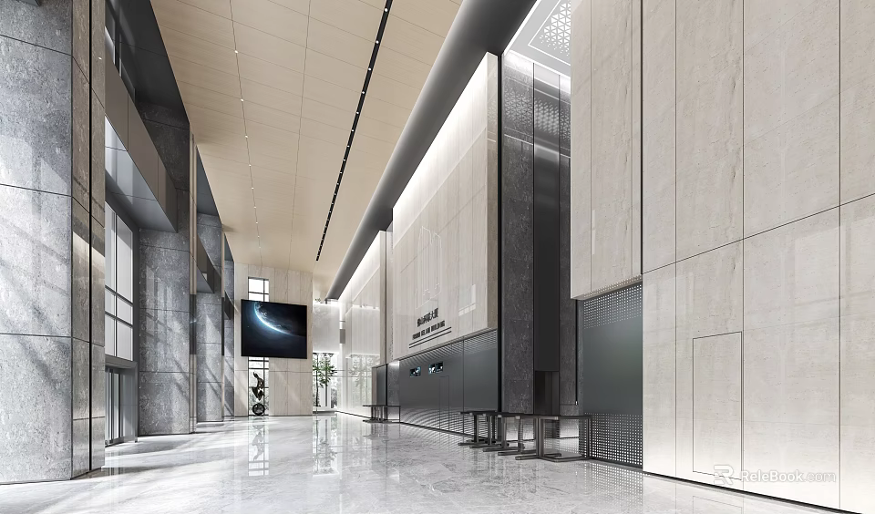 Spacious Modern Lobby Reception Desk Area With Polished Floors Stone Walls And Digital Screen 3d model 