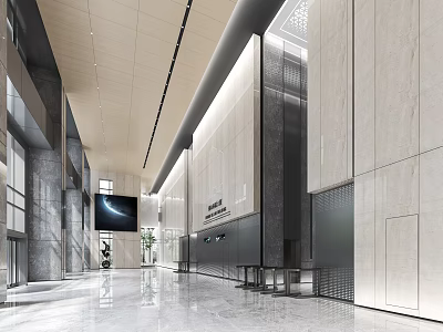 Spacious Modern Lobby Reception Desk Area With Polished Floors Stone Walls And Digital Screen 3d model