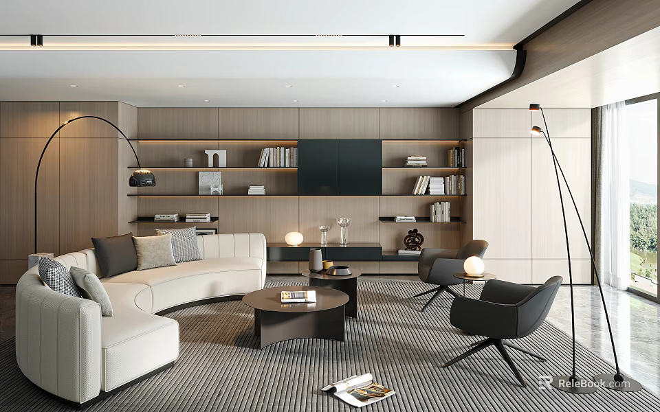 Modern Living Room Interior With Beige Curved Sofa Black Armchairs And Wooden Bookshelves 3d model 