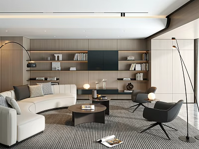 Modern Living Room Interior With Beige Curved Sofa Black Armchairs And Wooden Bookshelves 3d model
