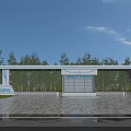 Modern Industrial Factory Building Entrance with White Roof Blue Accents Spacious Plaza and Green Trees