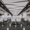 Modern Dining Hall Interior With Long Tables Chairs Grid Ceiling And Lighting 3d model