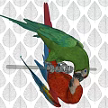 Vibrant Green Parrot With Purple Eye Ring Feathers And Black Beak On Leaf Pattern Background